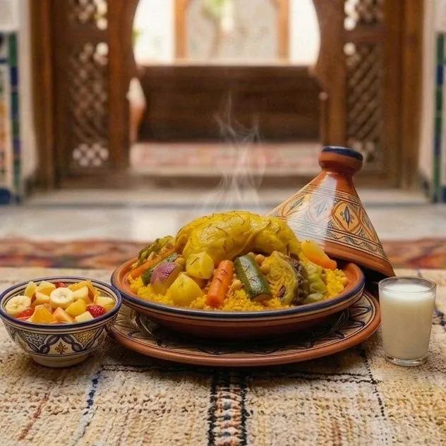 Menu Couscous au Poulet/ Lben et salade de Fruits