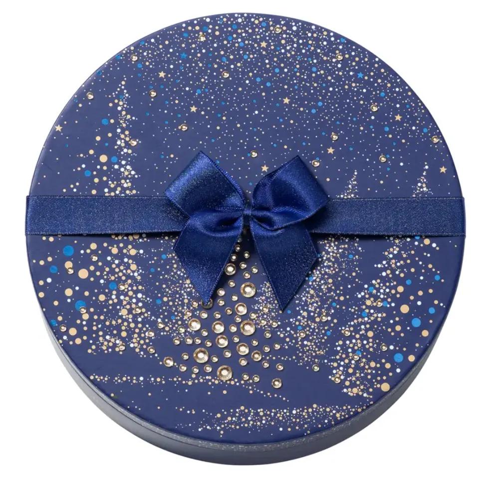 Boite de Noël ronde rouge ou bleue - 25 chocolats assortis et sa barre gourmande - Bleu, Sans personnalisation