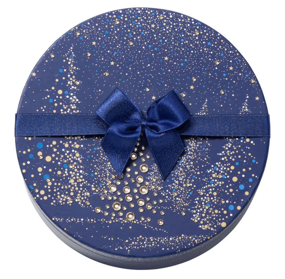 Boite de Noël ronde rouge ou bleue - 25 chocolats assortis et sa barre gourmande - Bleu, Sans personnalisation