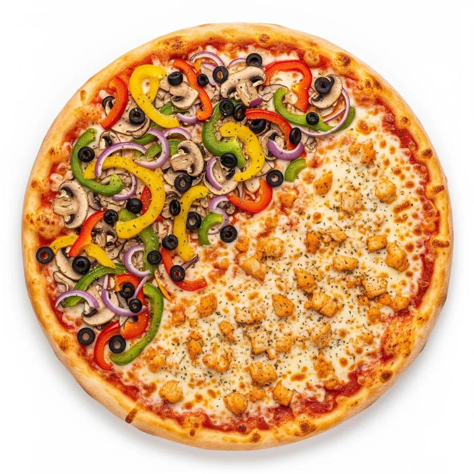 Pizza Mega Végétarien et Poulet haché