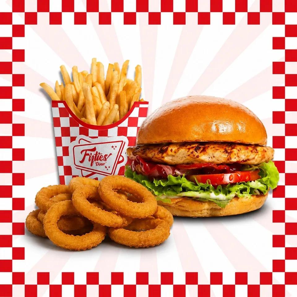 Chicken Burger Grilled + Onion Rings