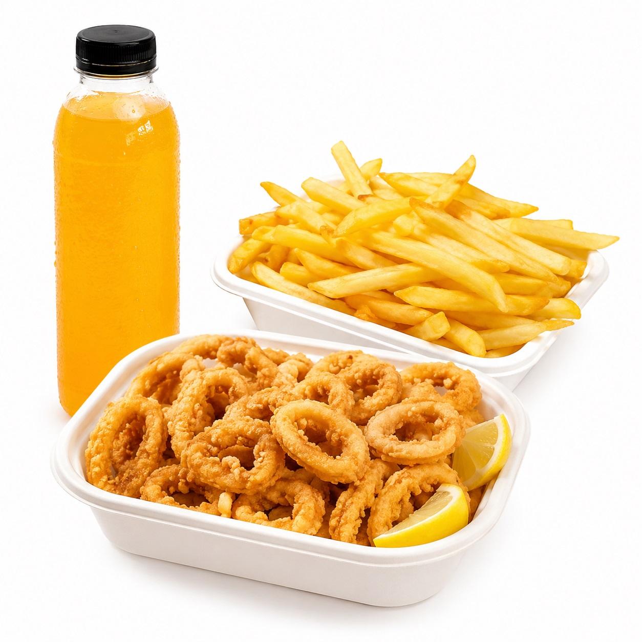 Barquette Calamar Frit + Barquette de frite + Boisson en Bouteille