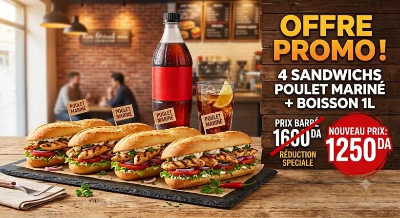 4 sandwich Poulet Mariné + Boisson 1L