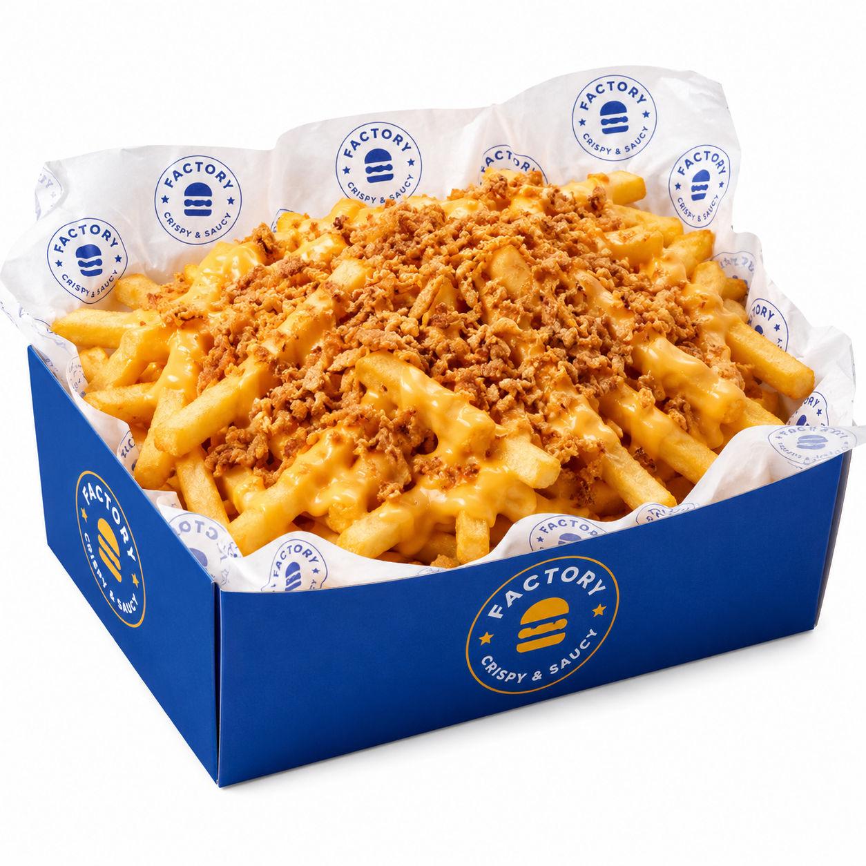 Frites fromagères, oignons crispy