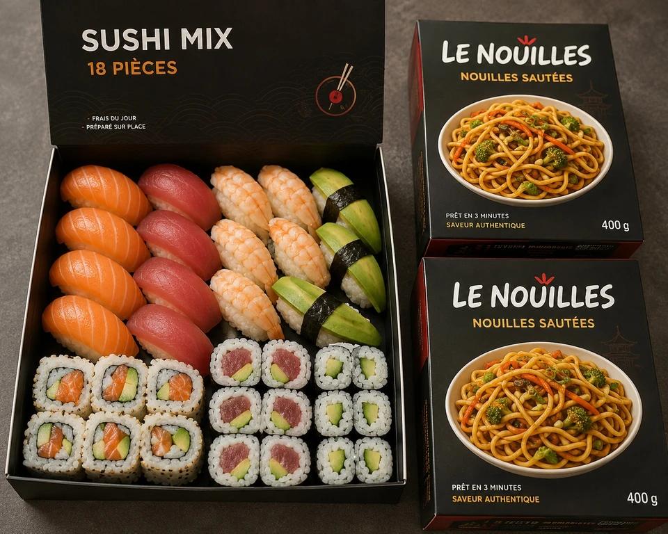 Box sushi mix 18 pieces 2 box de nouilles