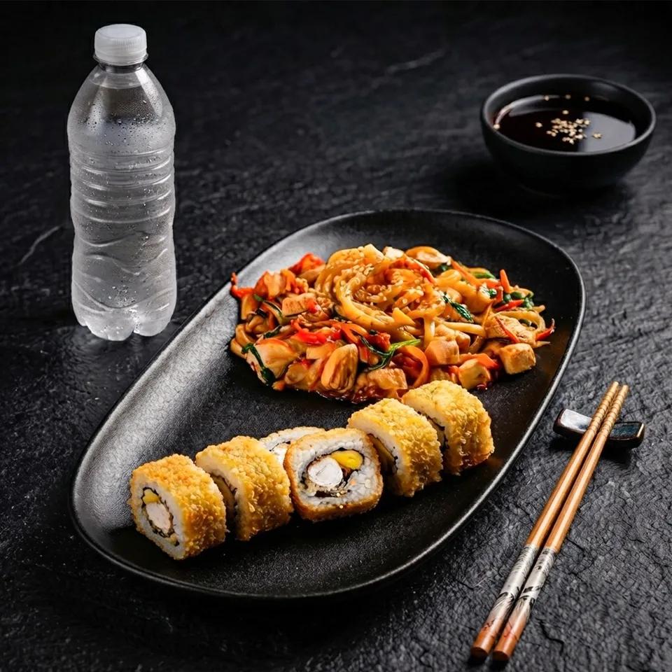 Baked California Poulet 8p  + Noodles Udon Poulet + Eau 1L