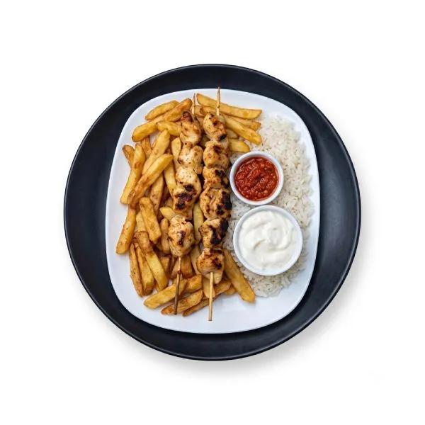 شيش طاووق مع رز وبطاطا (Chich Taouk avec riz et frites)