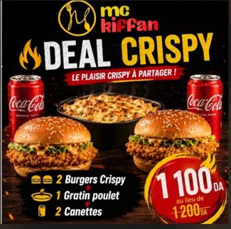 🔥 Deal Crispy 🍔(2 Burgers Crispy + 1 Gratin poulet + 2 Canettes)