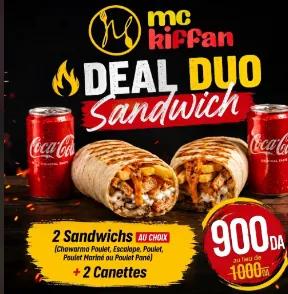 🔥 Deal Duo Sandwich- 2 Sandwichs au choix (Chawarma Poulet, Escalope de Poulet, Poulet Mariné ou Poulet Pané) + 2 Canettes