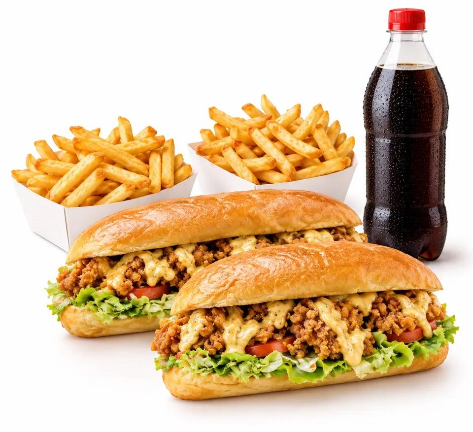 2 Sandwich Poulet Mariné + 2 Barquette frites + Boisson 1L