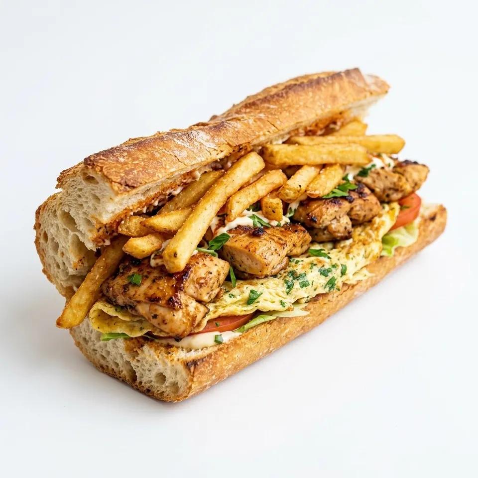 Frites Omelette Poulet Mariné