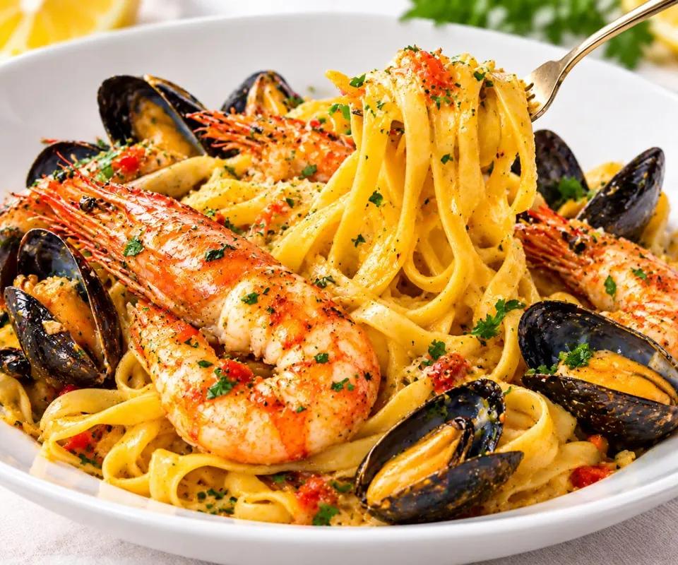 Tagliatelles aux crevettes Royal ou bien poulpe - 1 personne