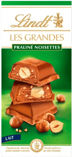 LINDT tablette chocolat les grandes praliné noisettes 225g